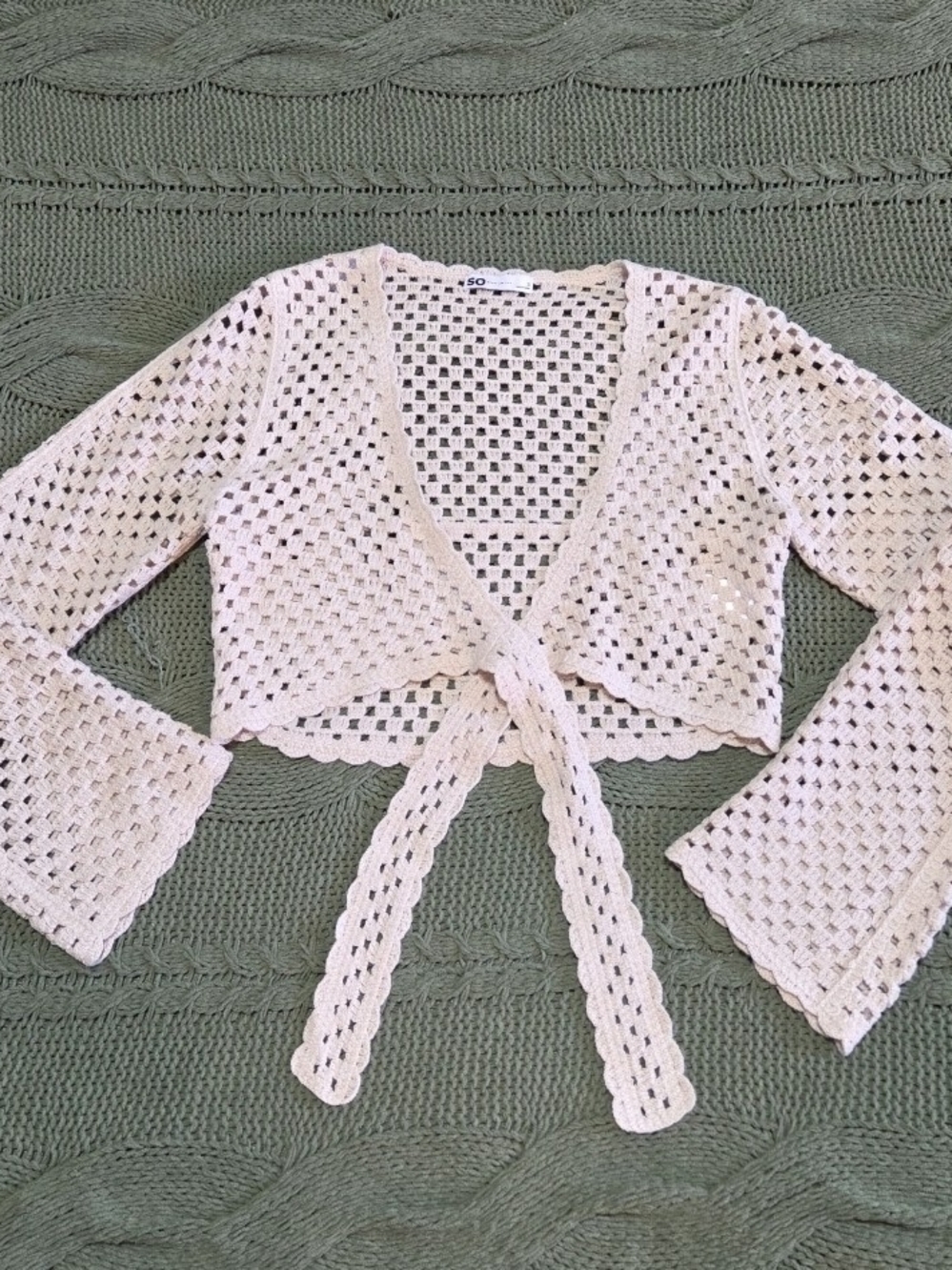 So Crochet Cropped Cardigan Front Tie Checkered Beige Summer Beach